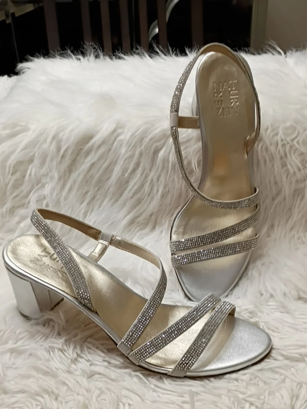 Naturalizer Metallic Strappy Low Block Heel Rhinestone Sandals - Silver Gold